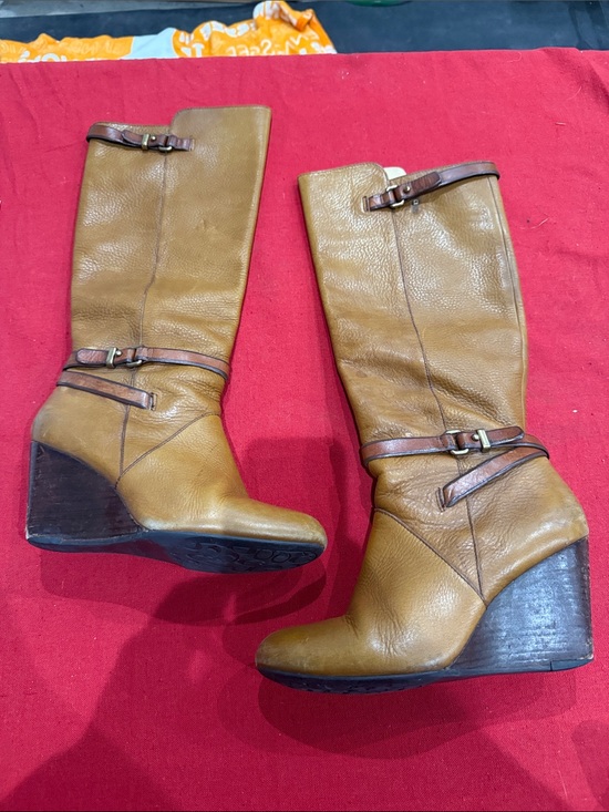 Coach Shoes - Coach Tan Leather Wedge Boots with Brown Strap Accents